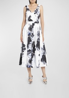 Alexander McQueen Floral-Print Pleated Sleeveless Midi Day Dress