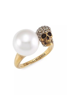 Alexander McQueen Goldtone, Faux Pearl & Swarovski Crystal Skull Ring