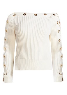 Alexander McQueen Lace-Up Ribbed Boatneck Sweater