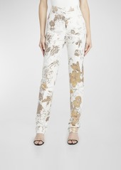 Alexander McQueen Mid-Rise Metallic Floral Brocade Straight-Leg Trousers