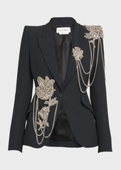 Alexander McQueen Peak Shlouder Blazer Jacket with Floral Crystal Chain Detail