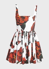 Alexander McQueen Poplin Rose Print Flared Mini Dress