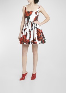 Alexander McQueen Poplin Rose Print Flared Mini Dress