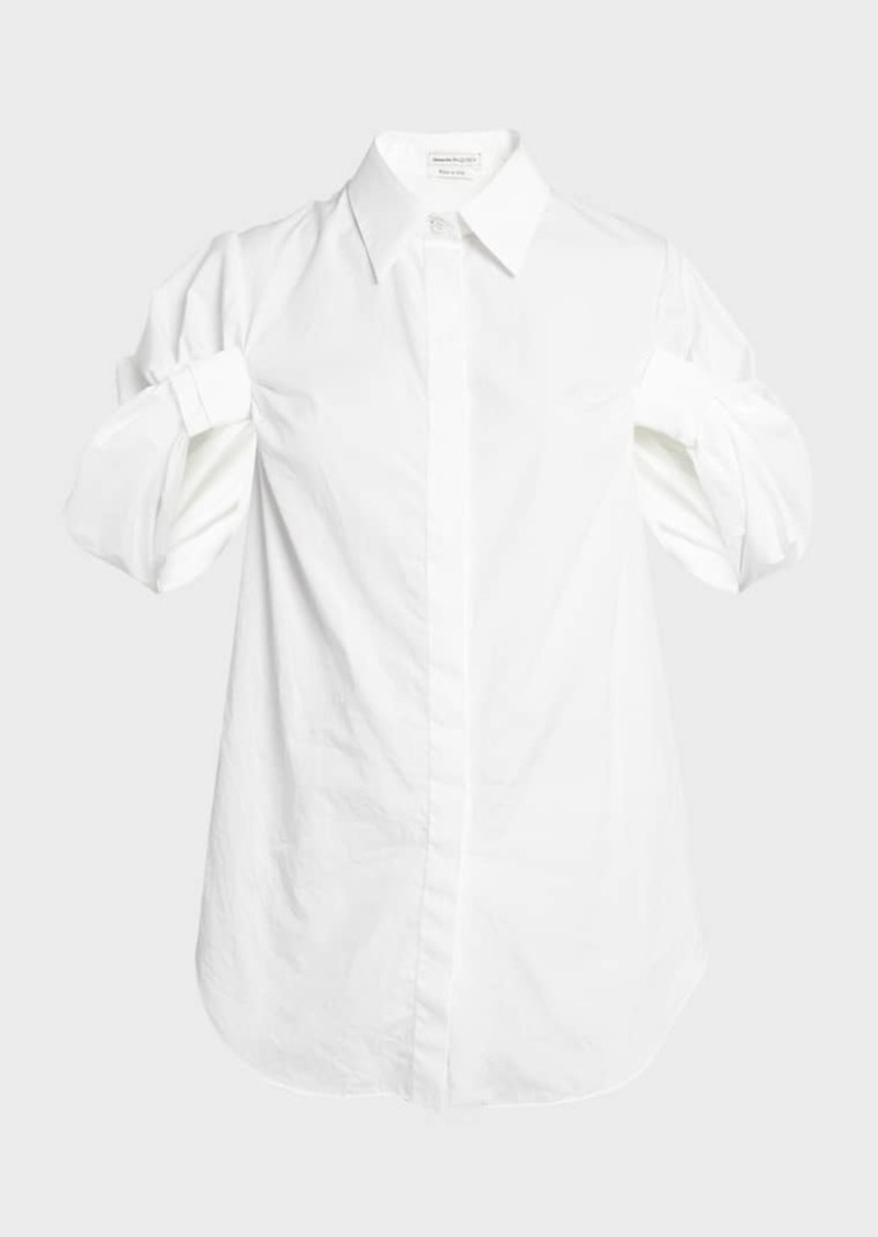 Alexander McQueen Ruched Puff-Sleeve Button-Front Blouse