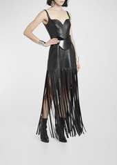 Alexander McQueen Sculpted Bust Leather Mini Dress with Fringe Trim