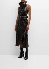 Alexander McQueen Slashed-Zip Belted Leather Midi Biker Dress