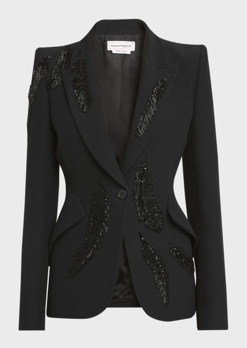 Alexander McQueen Tailored Blazer Jacket with Beaded Feather Embroidery