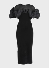 Alexander McQueen Velvet and Mesh Midi Dress with Ruffle Detail