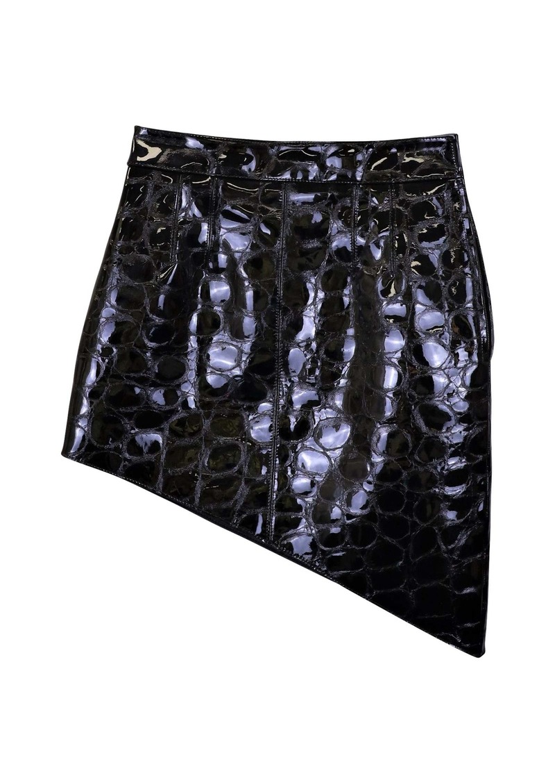 Alexander Wang Asymmetric Mini Skirt in Black Croc-Effect Calfskin Leather