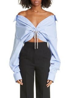 Alexander Wang Athena Crystal Tie Off the Shoulder Crop Cotton Blouse in Oxford at Nordstrom
