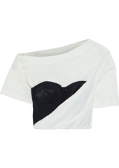 Alexander Wang Woman Cropped Embroidered Tulle-paneled Draped Cotton-blend Jersey T-shirt Off-white