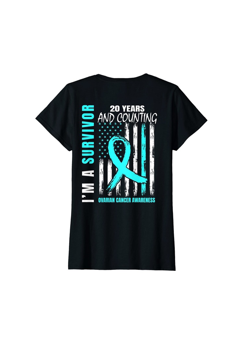 Alexis Womens 20 Years Cancer Free Teal Ribbon Ovarian Survivor Gifts Flag T-Shirt