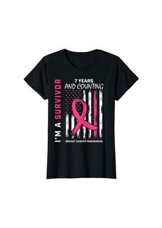 Alexis Womens 7 Year Pink Breast Cancer Survivor Gifts Women American Flag T-Shirt