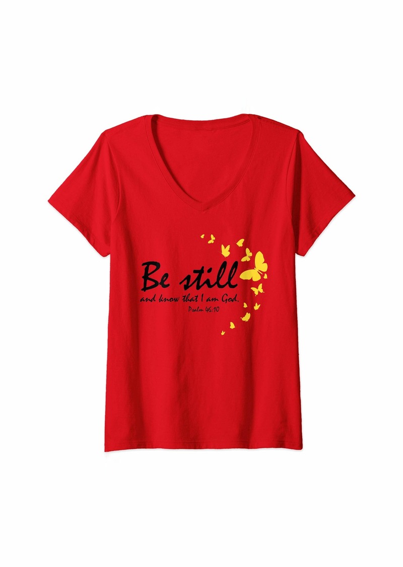 Alexis Womens Cute Christian Bible Verse Gift Be Still Religious Butterfly V-Neck T-Shirt