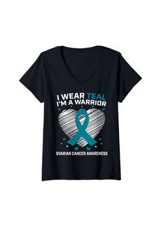Alexis Womens Heart I Wear Teal I'm a Warrior Ovarian Cancer Awareness V-Neck T-Shirt