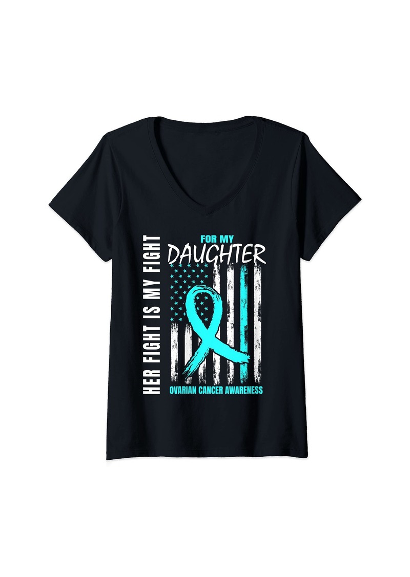 Alexis Womens Her Fight Is My Fight Daughter Ovarian Cancer Awareness Flag V-Neck T-Shirt