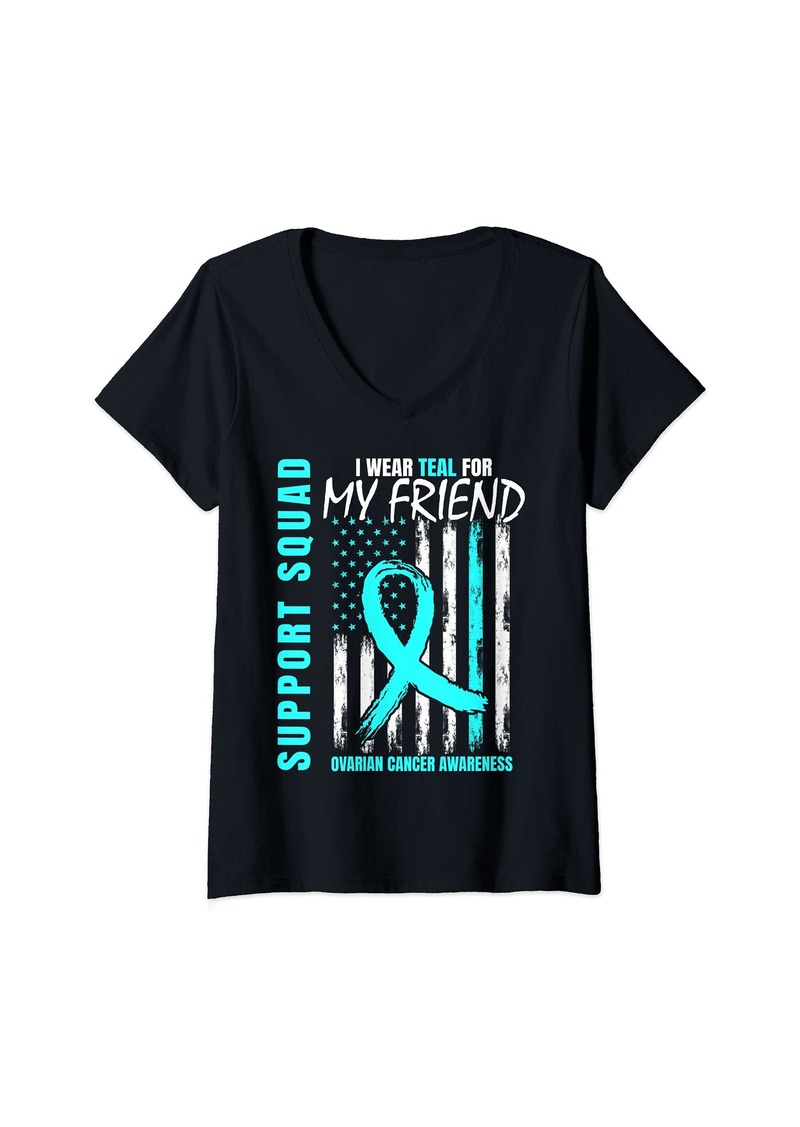 Alexis Womens Support Squad I Wear Teal For My Friend Ovarian Cancer Flag V-Neck T-Shirt