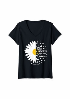 Alexis Womens White Daisy Flower Christian Religious Bible Verse Sayings V-Neck T-Shirt