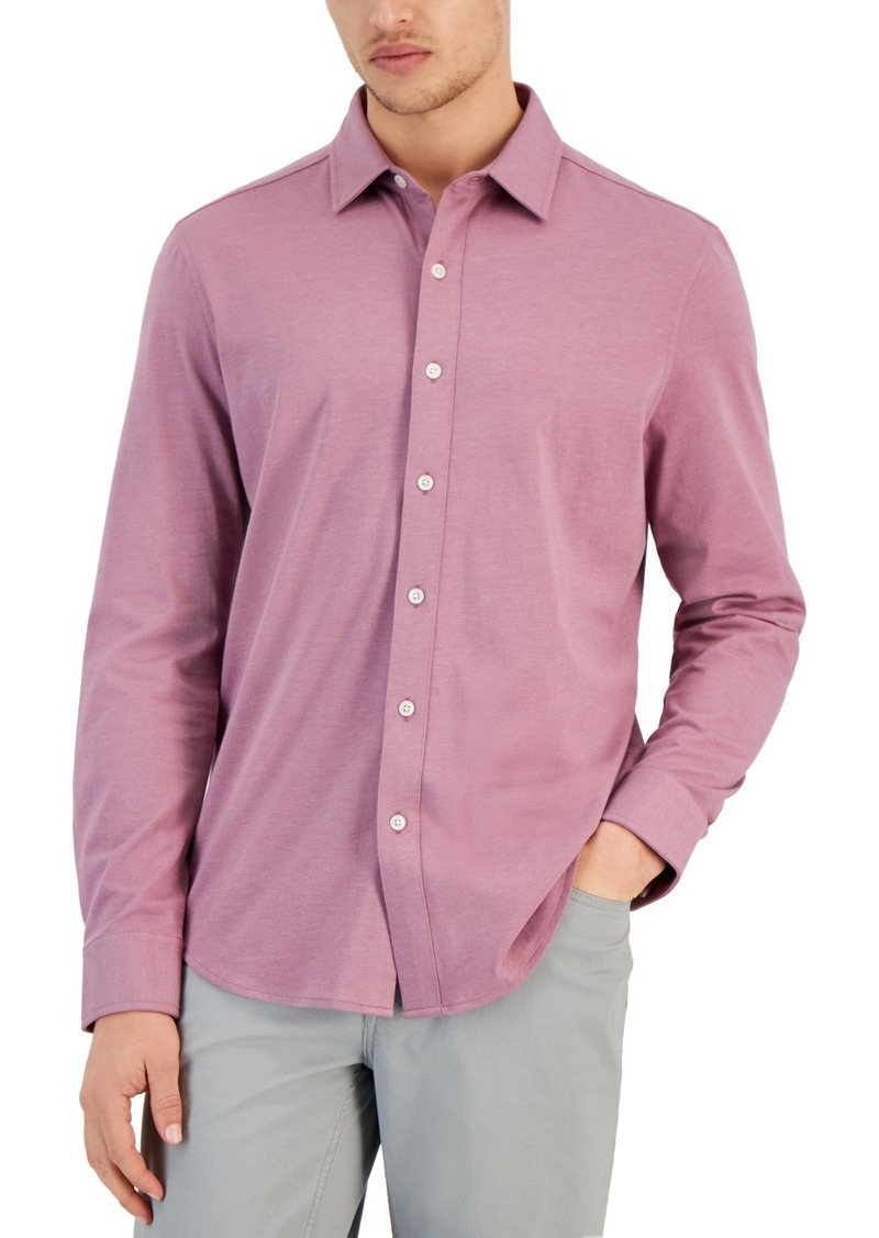 Alfani Men's Classic-Fit Heathered Jersey-Knit Button-Down Shirt, Created for Macy's - Smokey Rose Heather