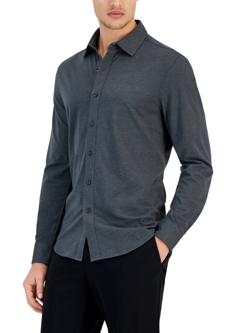 Alfani Men's Classic-Fit Heathered Jersey-Knit Button-Down Shirt, Created for Macy's - Dark Lead Heather