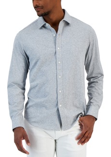 Alfani Men's Classic-Fit Heathered Jersey-Knit Button-Down Shirt, Created for Macy's - Casual Grey Heather