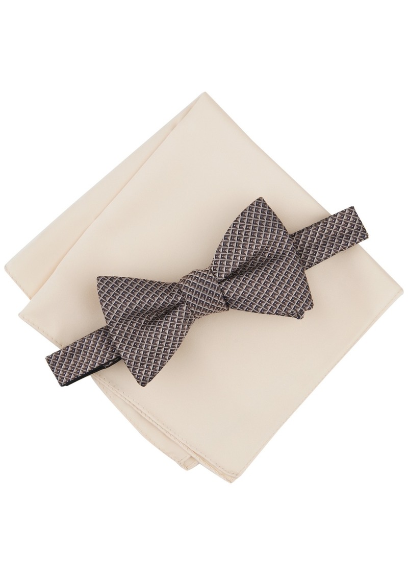 Alfani Men's Galway Mini-Chevron Bow Tie & Solid Pocket Square Set, Created for Macy's - Taupe