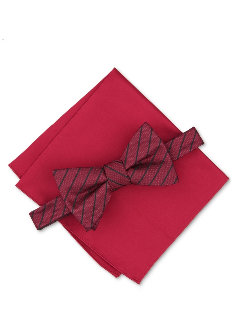 Alfani Men's Linden Stripe Bow Tie & Solid Pocket Square Set, Created for Macy's - Burgundy