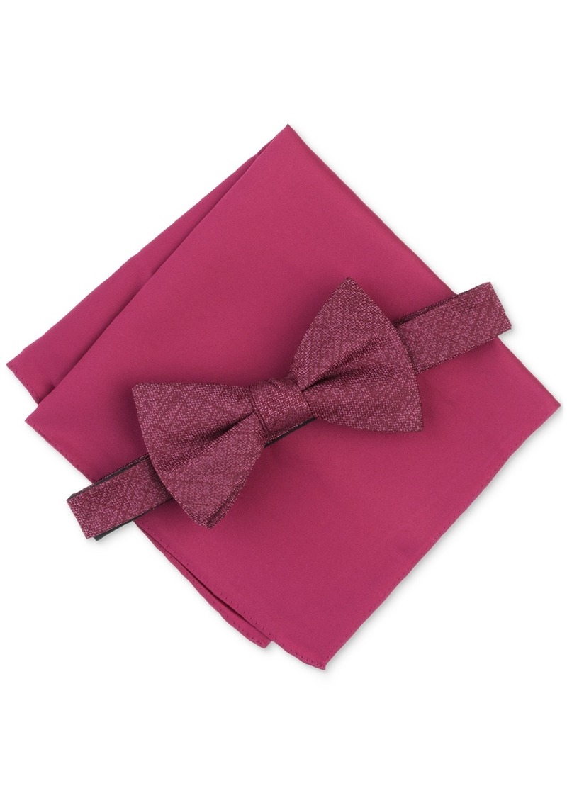 Alfani Men's Oakley Textured Bow Tie & Solid Pocket Square Set, Created for Macy's - Dark Red