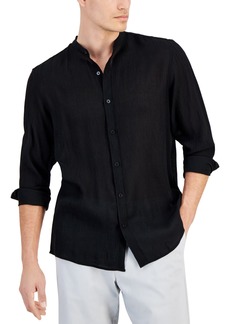 Alfani Men's Regular-Fit Crinkled Button-Down Band-Collar Shirt, Created for Macy's - Deep Black