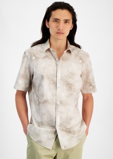 Alfani Men's Regular-Fit Stretch Watercolor Petal-Print Button-Down Poplin Shirt, Created for Macy's - Bright White