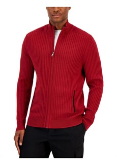 Alfani Mens Herringbone Trim Ribbed Knit Full Zip Sweater