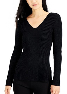 Alfani Womens Ribbed Metallic V-Neck Sweater