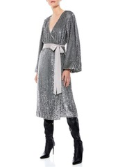 Alice + Olivia Anne Sequin Long Sleeve Wrap Dress in Silver/Gunmetal at Nordstrom