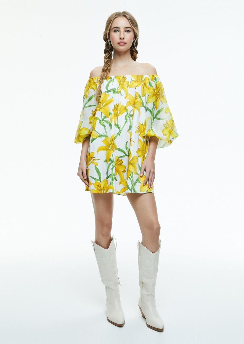 alice + olivia ARTEMIS OFF THE SHOULDER BLOUSON TIE SLEEVE MINI DRESS