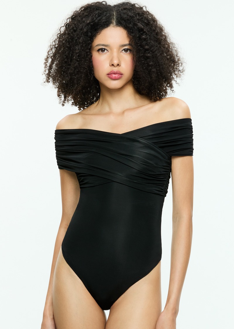 alice + olivia AVERNE OFF THE SHOULDER CROSS BODYSUIT