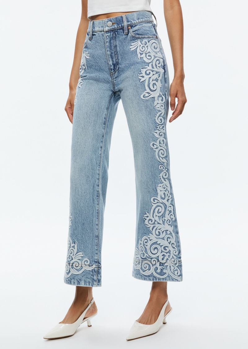 alice + olivia BEAUTIFUL EMBROIDERED CROPPED BELL JEAN