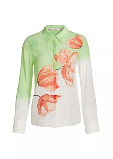 alice + olivia Brady Ombre Floral Silk Button Down Shirt, Dream Life Sharp Green