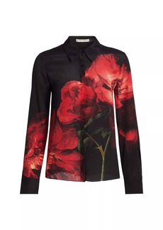 alice + olivia Brady Slim Button Down Shirt, Peony Petals Bright Ruby