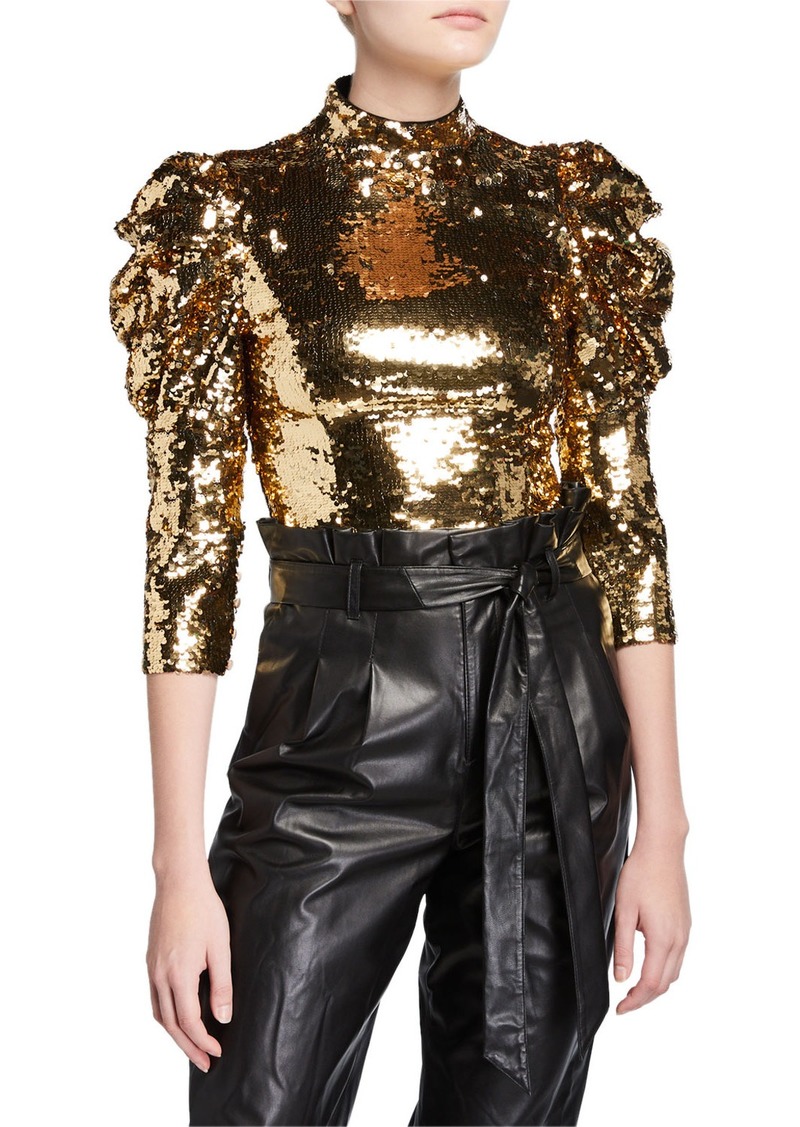 Alice + Olivia Brenna Sequined Fitted Puff-Sleeve Top