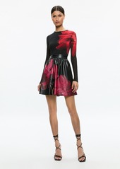 alice + olivia CHARA VEGAN LEATHER CREW NECK LONG SLEEVE GATHERED DRESS