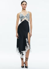 alice + olivia DAPHNE LACE ASYMMETRICAL SLIT MIDI DRESS