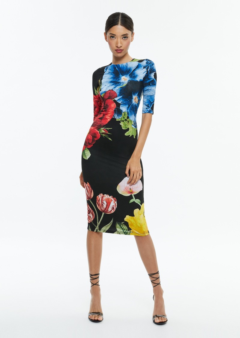 alice + olivia DELORA CREW NECK MIDI DRESS