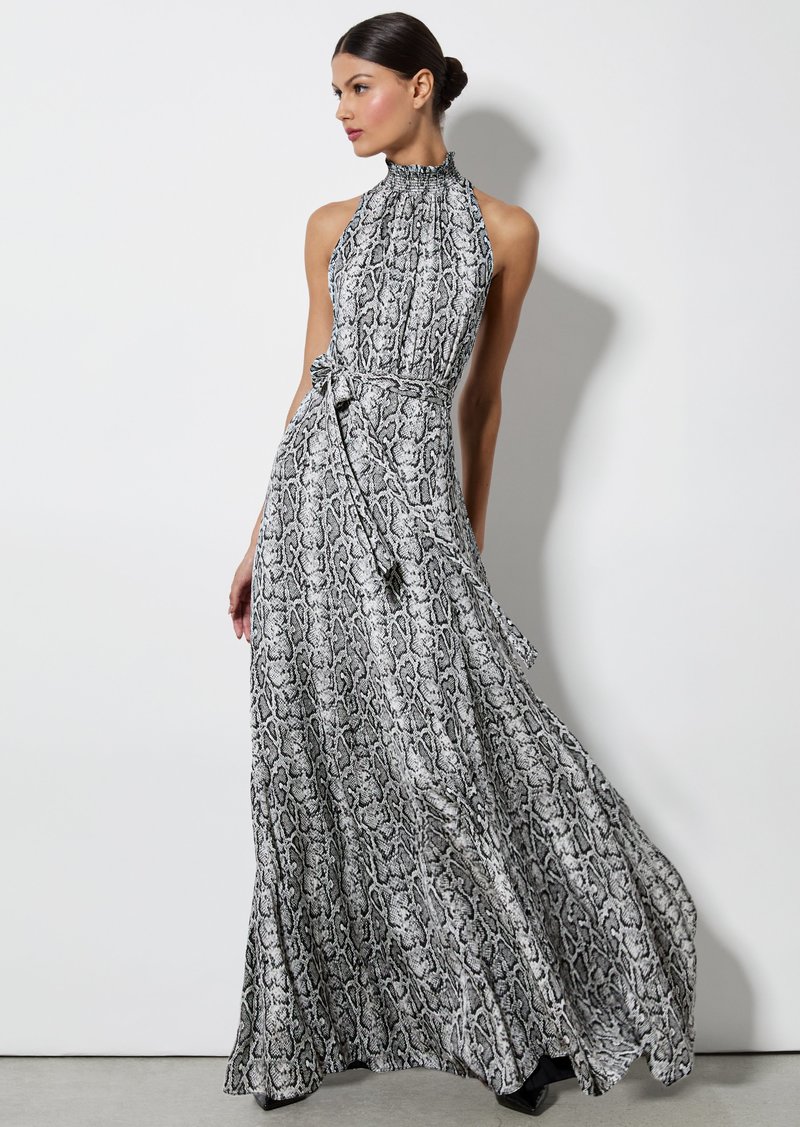 alice + olivia DITA SMOCKED NECK GODET MAXI DRESS