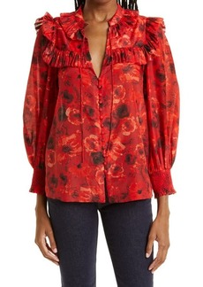 Alice + Olivia Floral Print Ruffle Cotton & Silk Blouse in Oceanside Floral Perfect Ruby at Nordstrom