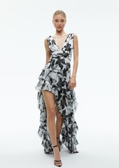 alice + olivia HOLLY LOW NECK ASYMMETRIC RUFFLED MAXI DRESS