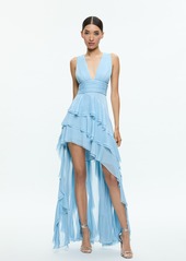 alice + olivia HOLLY LOW NECK ASYMMETRIC RUFFLED MAXI DRESS