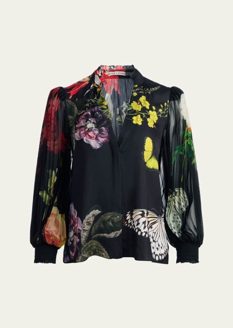 Alice + Olivia Ilan Essential Floral Pleated Button-Front Blouse