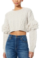 Alice + Olivia Kala Cable Fringe Crop Sweater in Light Almond at Nordstrom