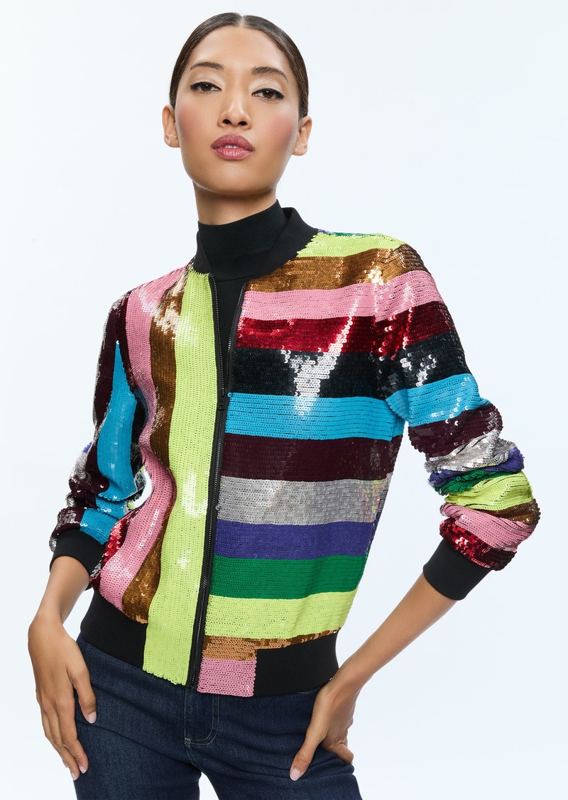 alice + olivia LONNIE SEQUIN CROPPED VARSITY JACKET