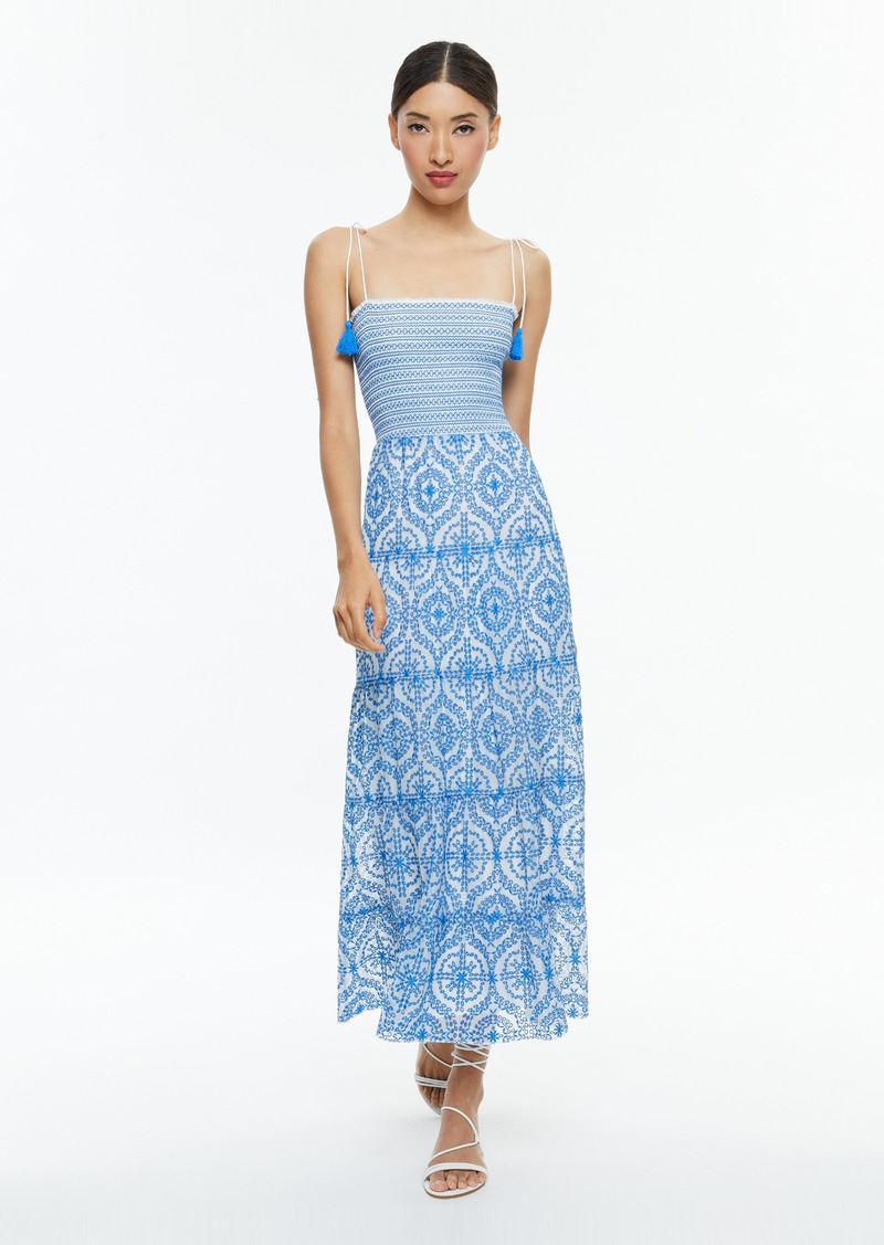 alice + olivia MARNA TIERED MIDI TIE STRAP DRESS